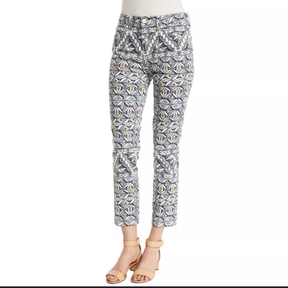 Tory Burch Like New Geometric Acoma Cropped Slim Fit Pants Vintage Wash Riviera